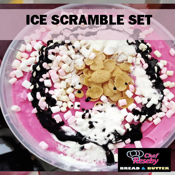 ICE SCRAMBLE SET (SPRINKLES, MINI MINI MALLOWS, RICE CRISPIES, POWDERED MILK, RED FLAVORING BANANA)