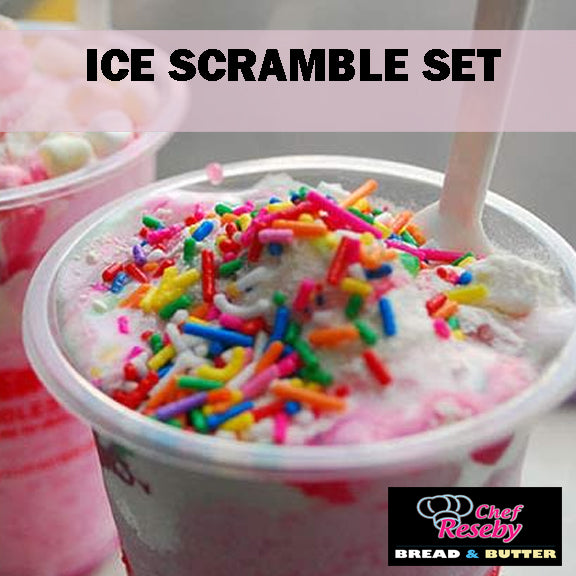 ICE SCRAMBLE SET (SPRINKLES, MINI MINI MALLOWS, RICE CRISPIES, POWDERED MILK, RED FLAVORING BANANA)