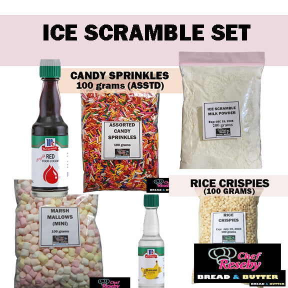 ICE SCRAMBLE SET (SPRINKLES, MINI MINI MALLOWS, RICE CRISPIES, POWDERED MILK, RED FLAVORING BANANA)